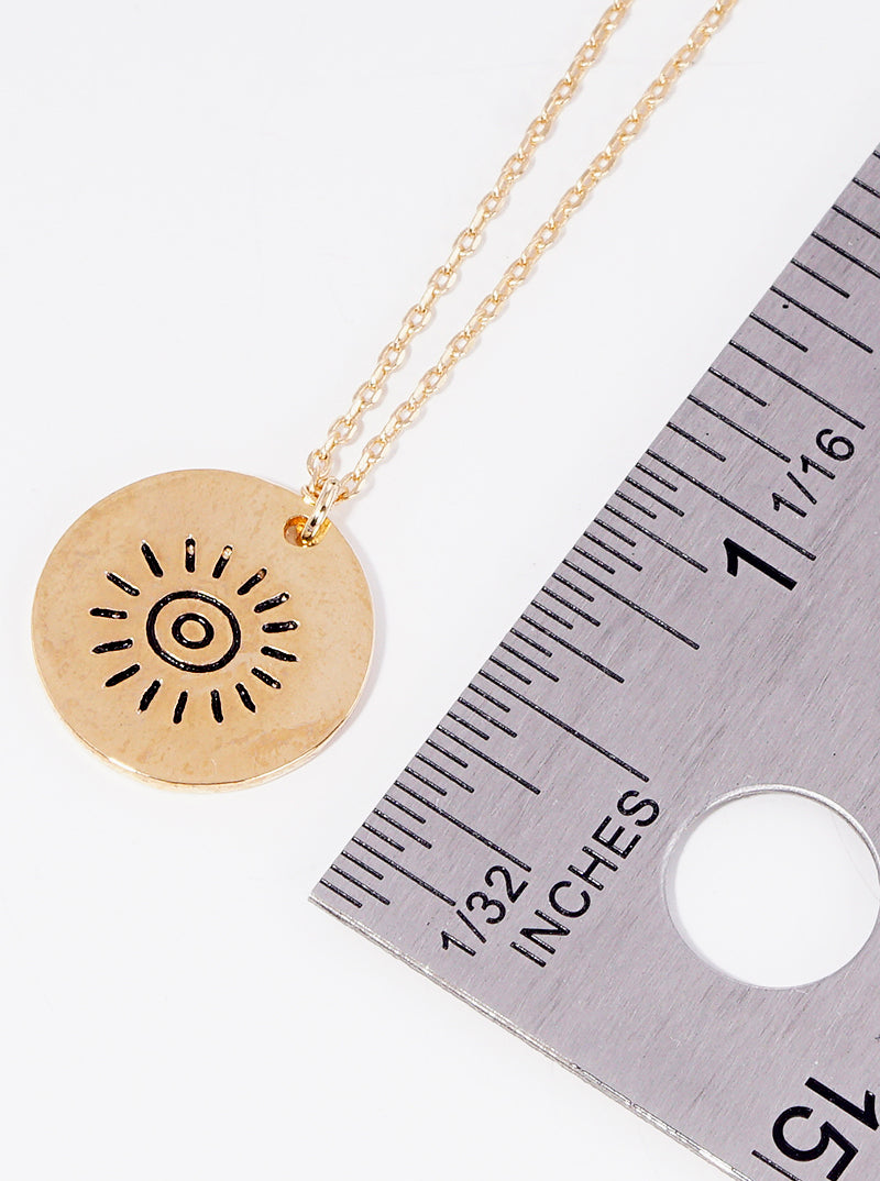 Sun Engraved Round Disc Pendant 18K-Gold-Dipped Necklace