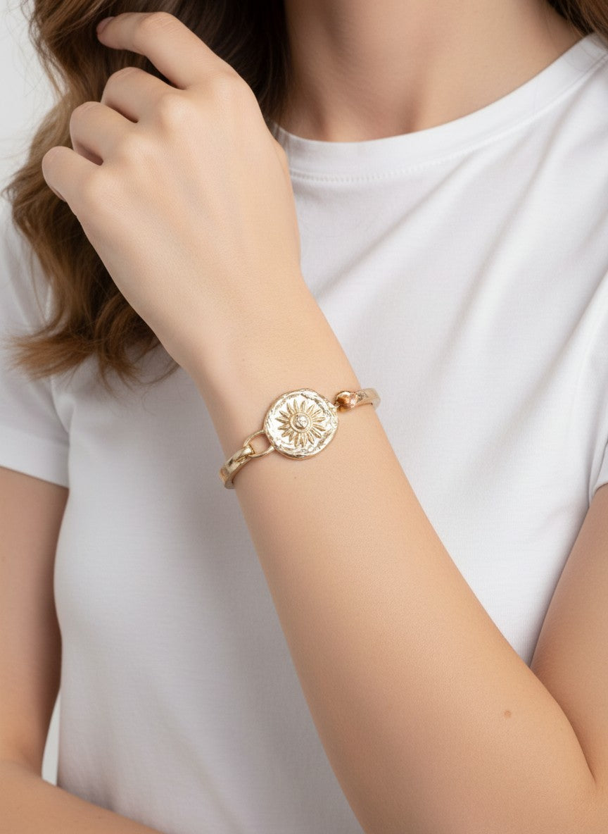 Sun Medallion Hinged Bangle Bracelet