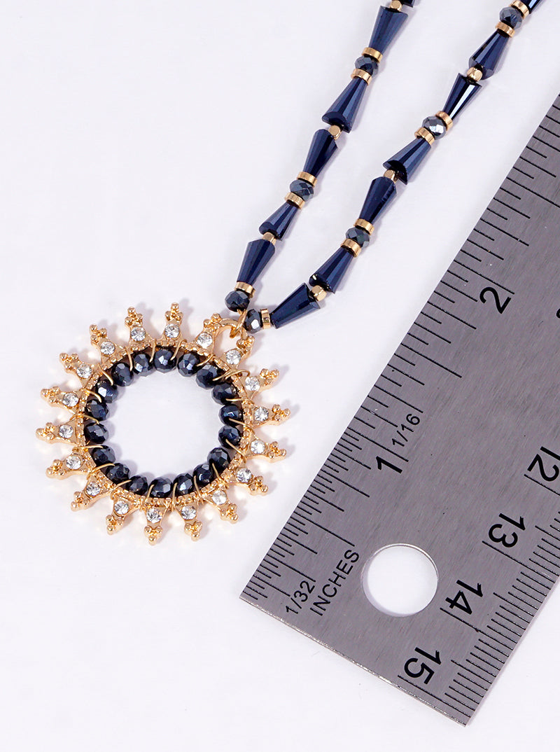 Sunburst Pendant Adorned With Glass Beads And Rhinestones Layered Necklace
