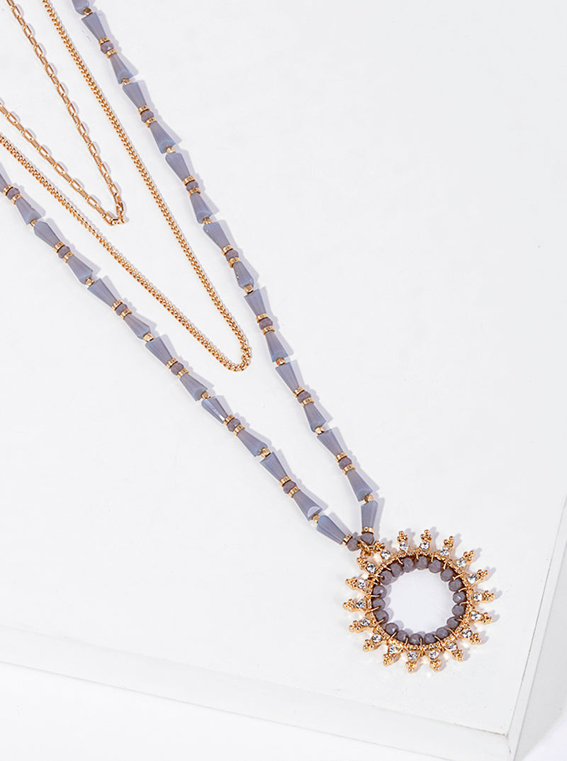 Sunburst Pendant Adorned With Glass Beads And Rhinestones Layered Necklace