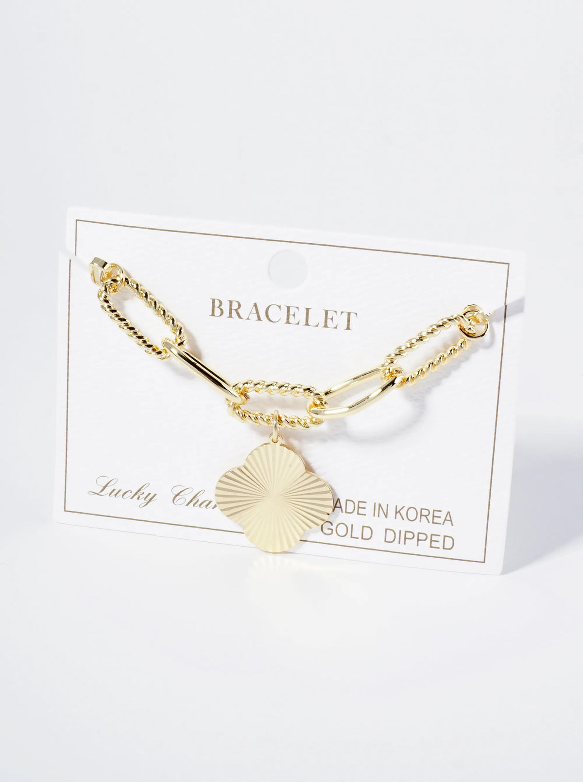 Sunburst Texture Quatrefoil Charm 18K Gold Dipped Link Chain Bracelet