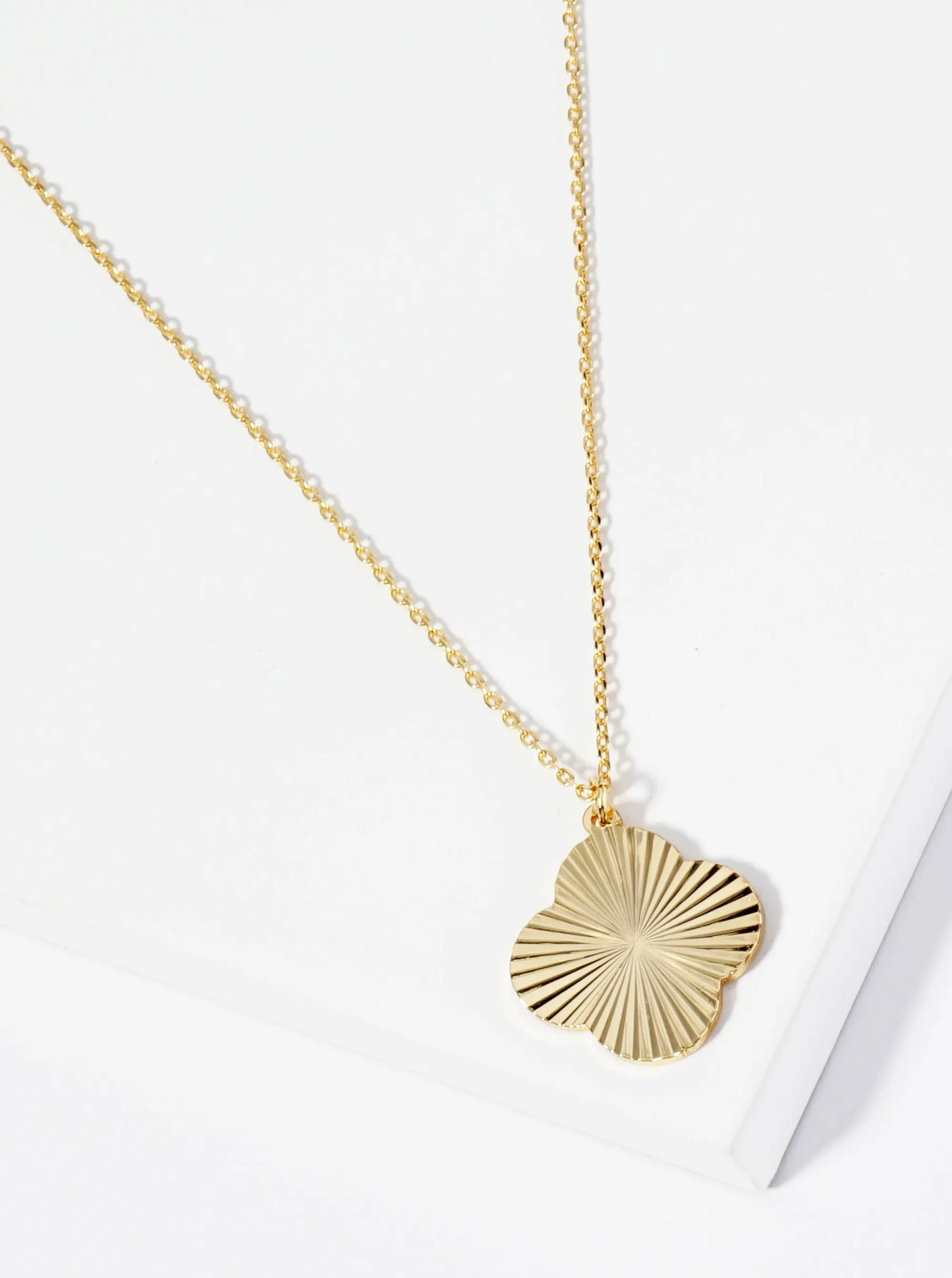 Sunburst Texture Quatrefoil Pendant 18K Gold Dipped Brass Necklace