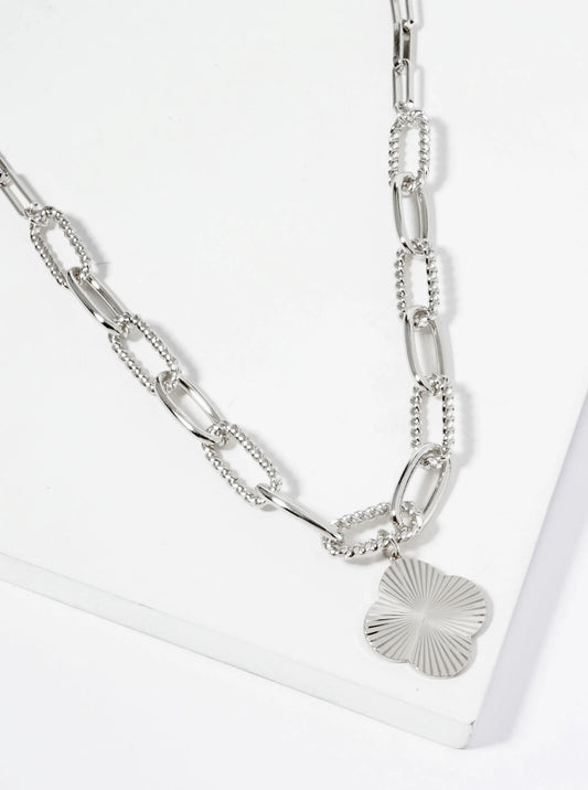 Sunburst Texture Quatrefoil Pendant 18K Gold Dipped Link Chain Necklace