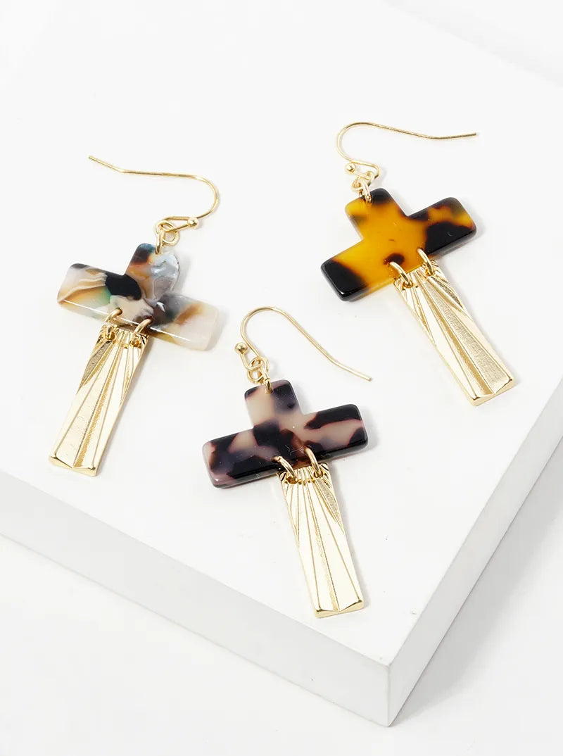Sunburst Acetate Cross Dangle Drop Earrings