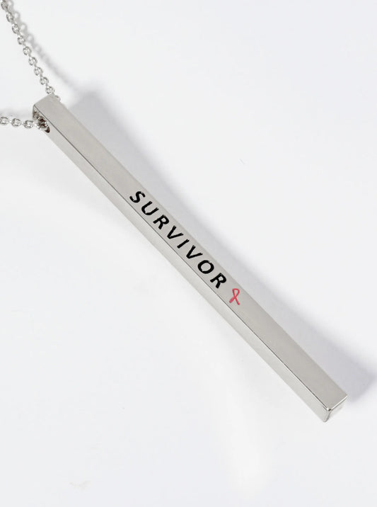 Survivor Pink Ribbon Engraved Vertical Bar Pendant Inspirational Necklace