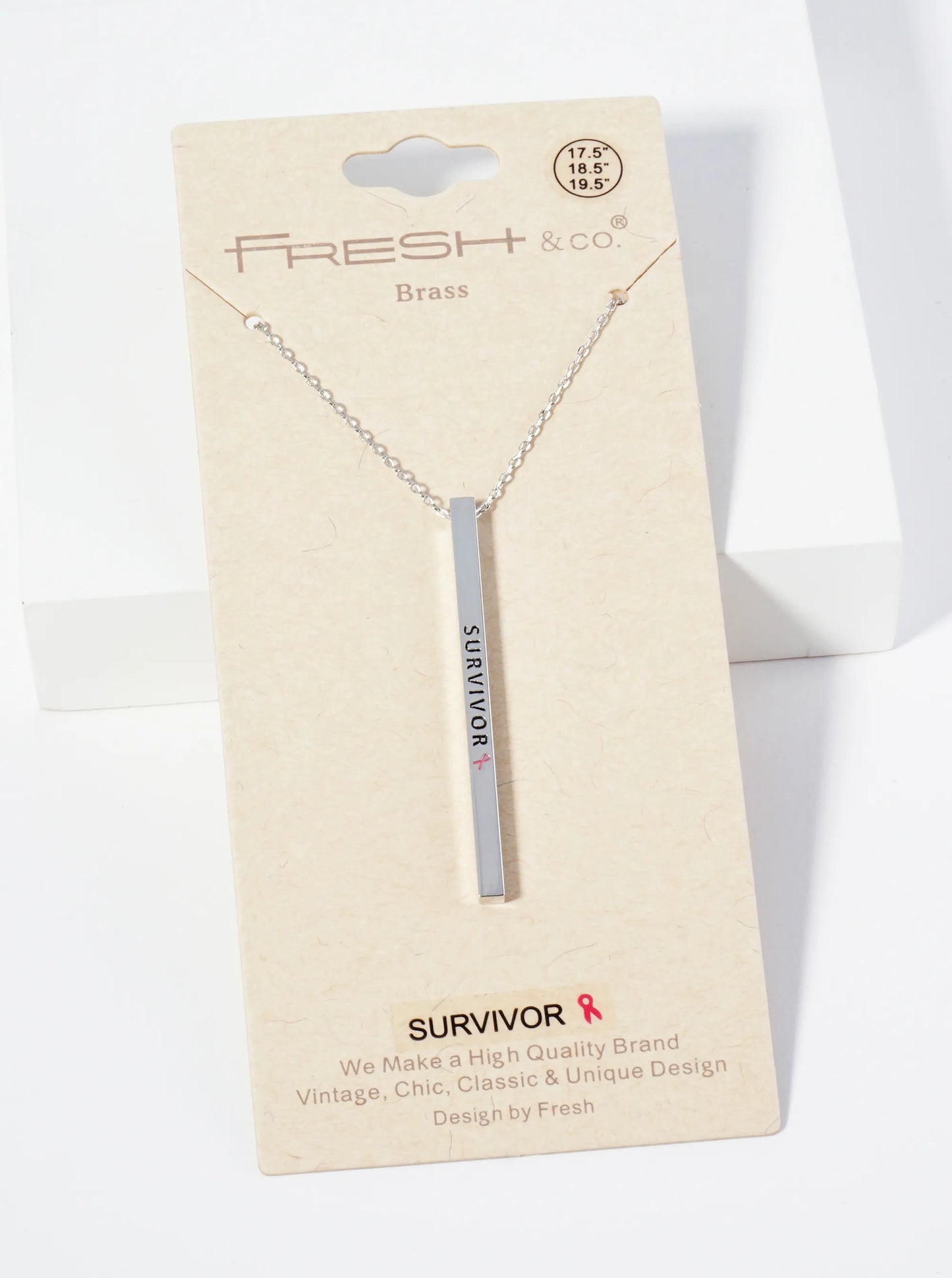 Survivor Pink Ribbon Engraved Vertical Bar Pendant Inspirational Necklace