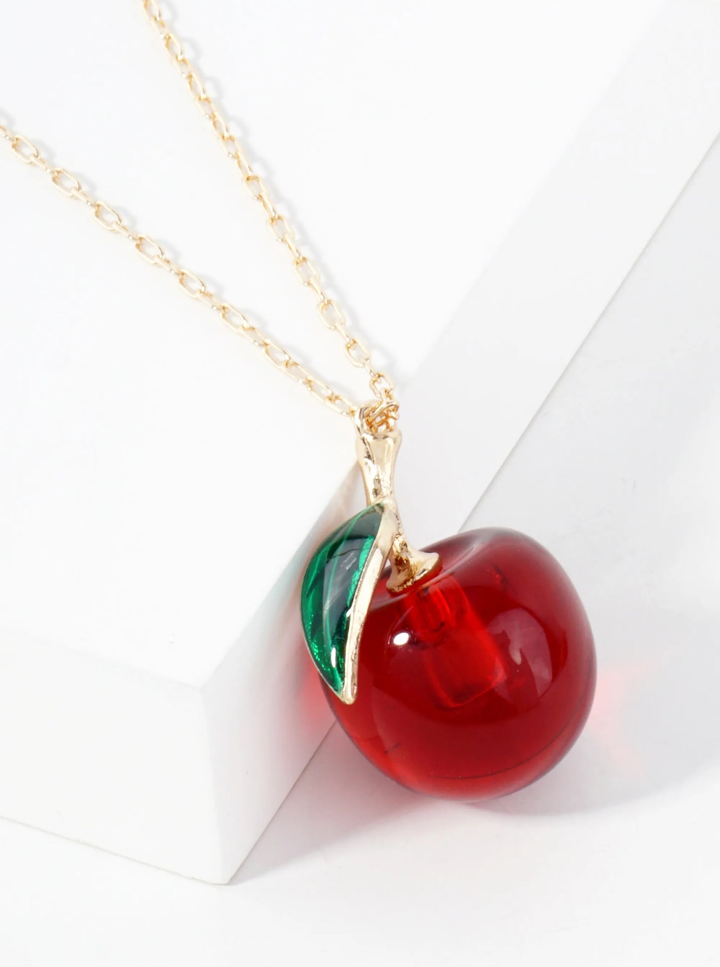 Sweet Red Cherry Pendant On 16-Inch Faceted Ball Chain Necklace