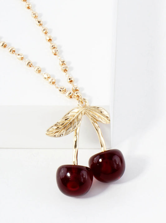 Sweet Red Cherry Pendant On 16-Inch Faceted Ball Chain Necklace