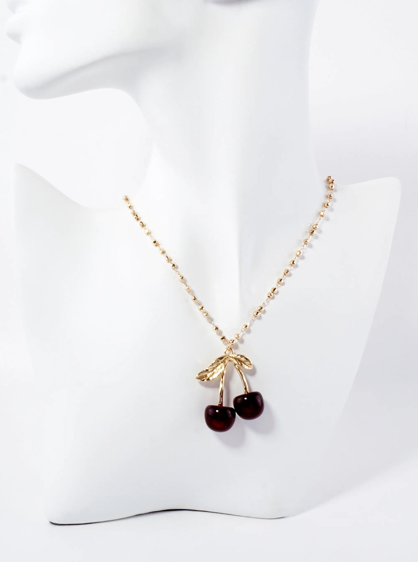 Sweet Red Cherry Pendant On 16-Inch Faceted Ball Chain Necklace
