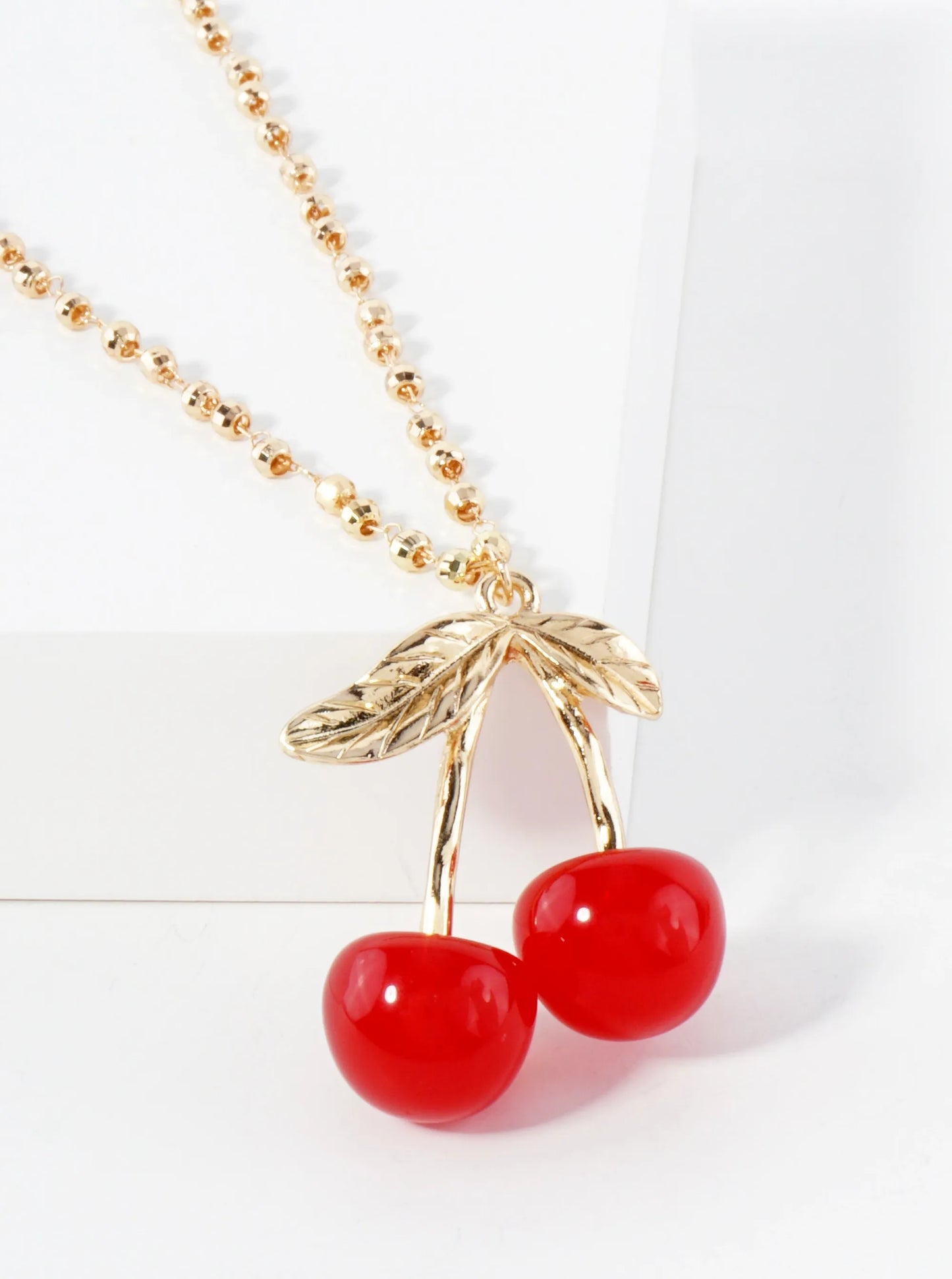 Sweet Red Cherry Pendant On 16-Inch Faceted Ball Chain Necklace