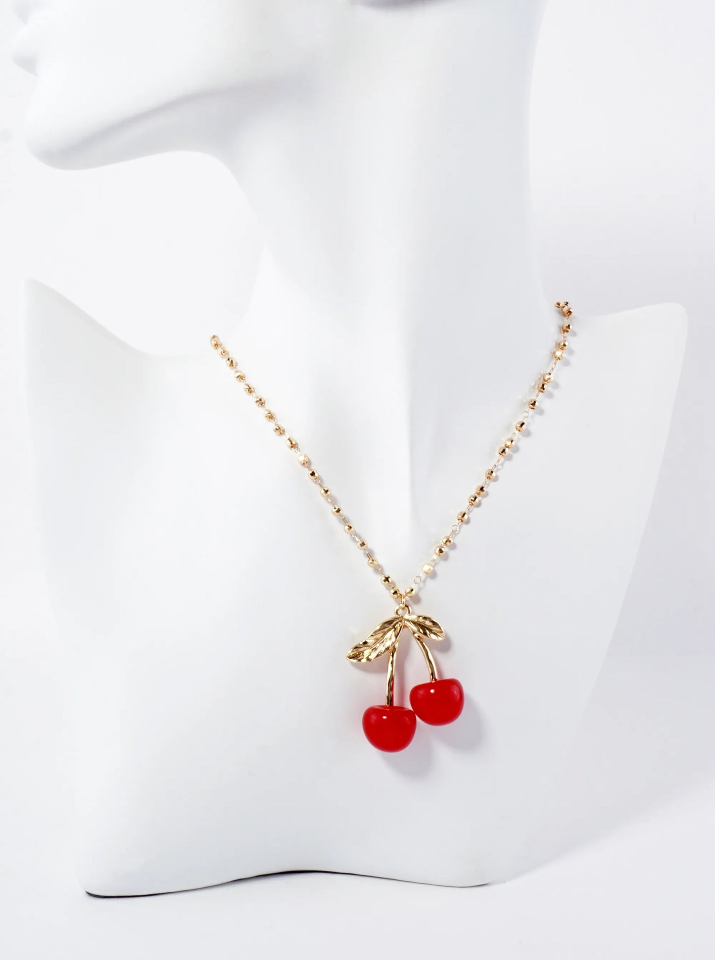 Sweet Red Cherry Pendant On 16-Inch Faceted Ball Chain Necklace