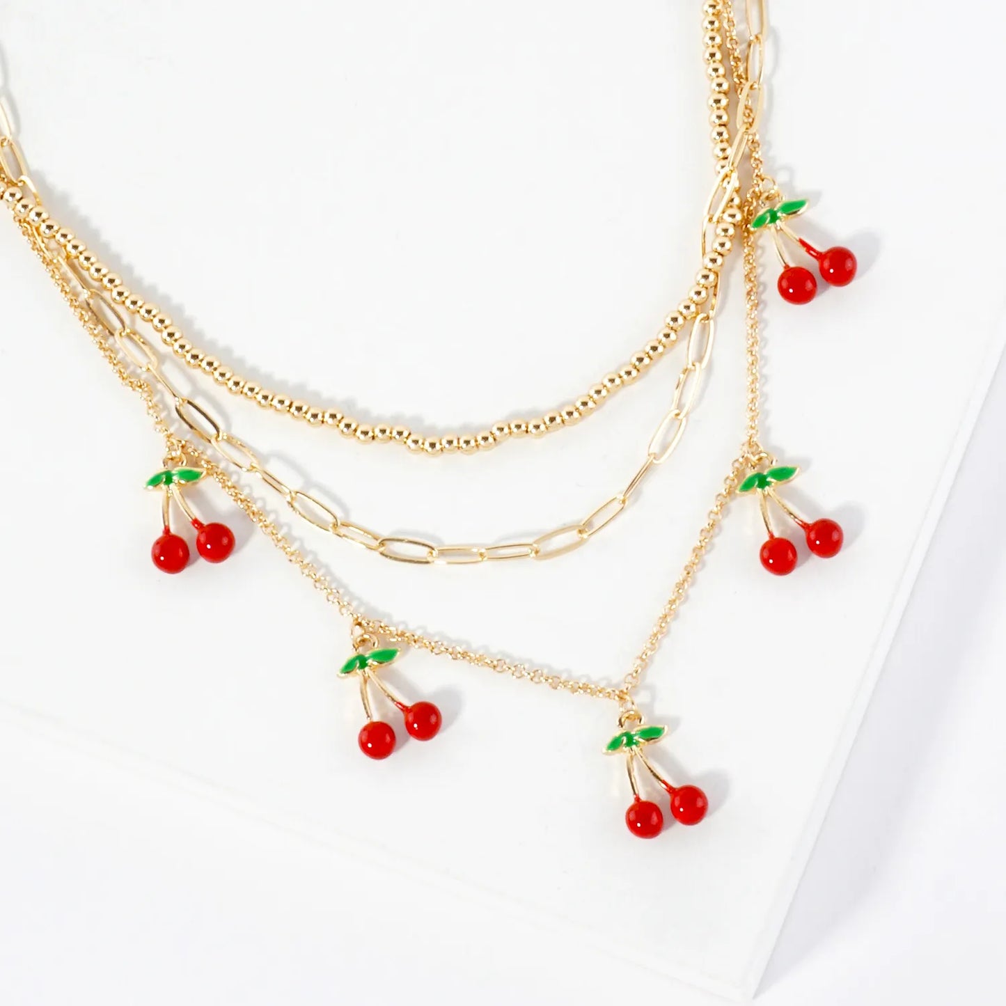 Sweet Stacked Cherry Charm Multi-Layer Necklace