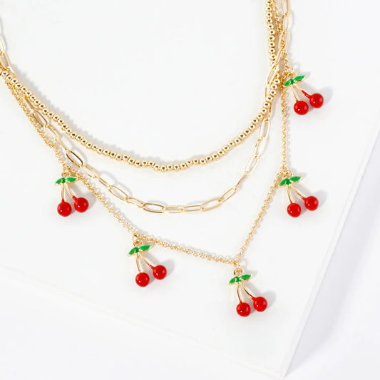Sweet Stacked Cherry Charm Multi-Layer Necklace
