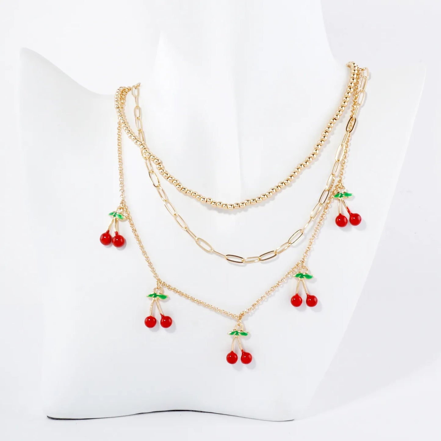 Sweet Stacked Cherry Charm Multi-Layer Necklace