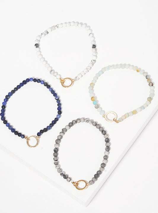 Semi-Precious Stone Bead Stretch Bracelet With Cut Out Round Accent Gold-Peach
