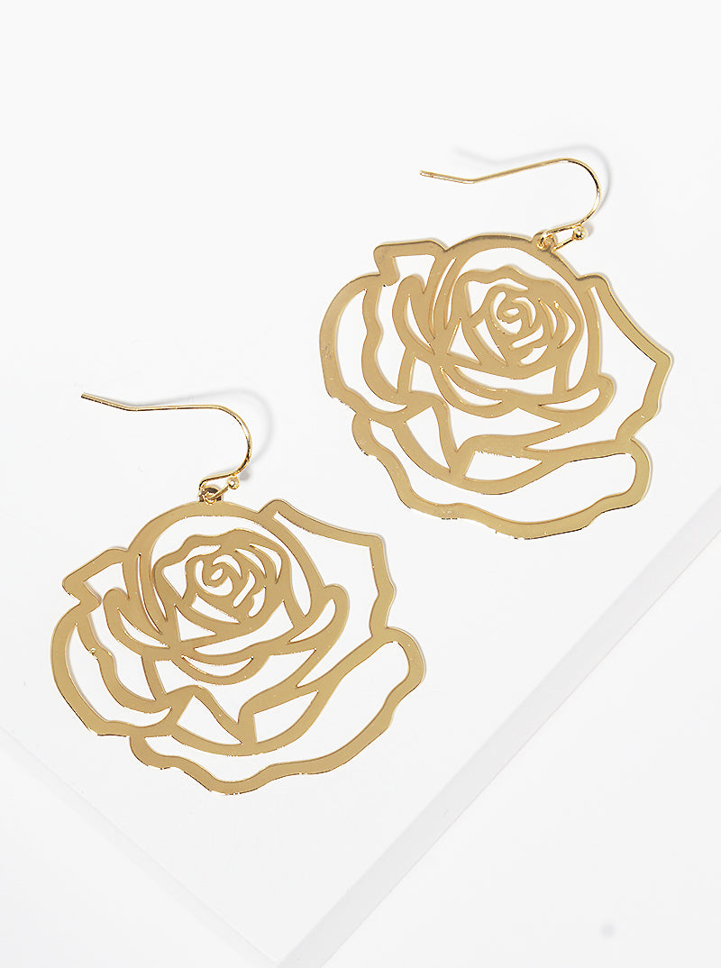 Polished Metal Cut Out Rose Fish Hook Dangle Drop Earrings Gold