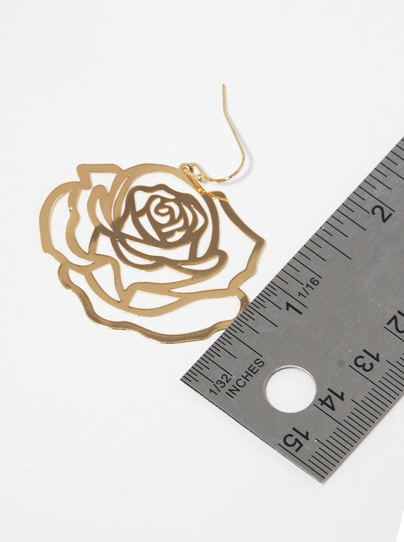 Polished Metal Cut Out Rose Fish Hook Dangle Drop Earrings Gold