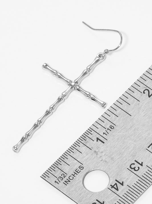 Bamboo Textured Metal Cross Fish Hook Dangle Drop Earrings Rhodium