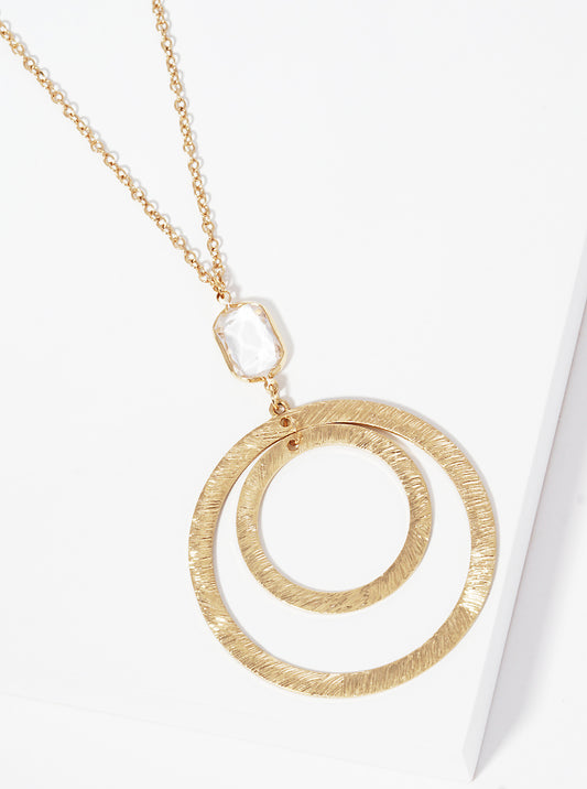 Brushed Metal Double Circle With Clear Stone Pendant Long Necklace Worn gold