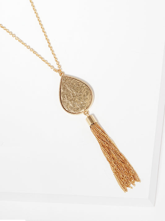 Textured Metal Teardrop Pendant With Chain Tassel Drop Long Necklace Gold