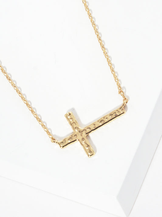 Hammered Metal Sideways Cross Pendant Necklace Gold
