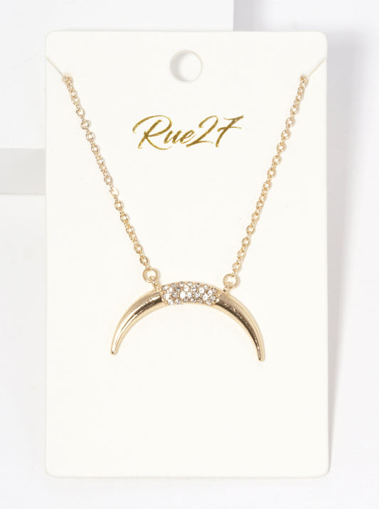 Crystal Pave Horn Pendant Delicate Necklace Gold