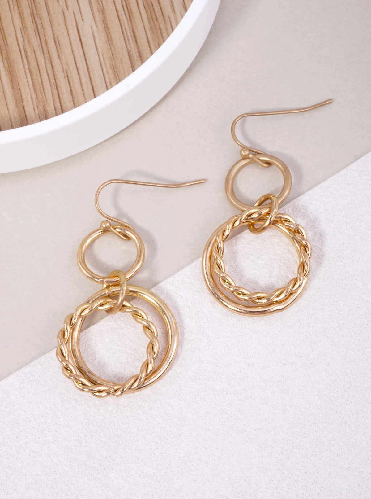 TWISTED TRIPLE CIRCLE WORN HOOK DROP EARRINGS