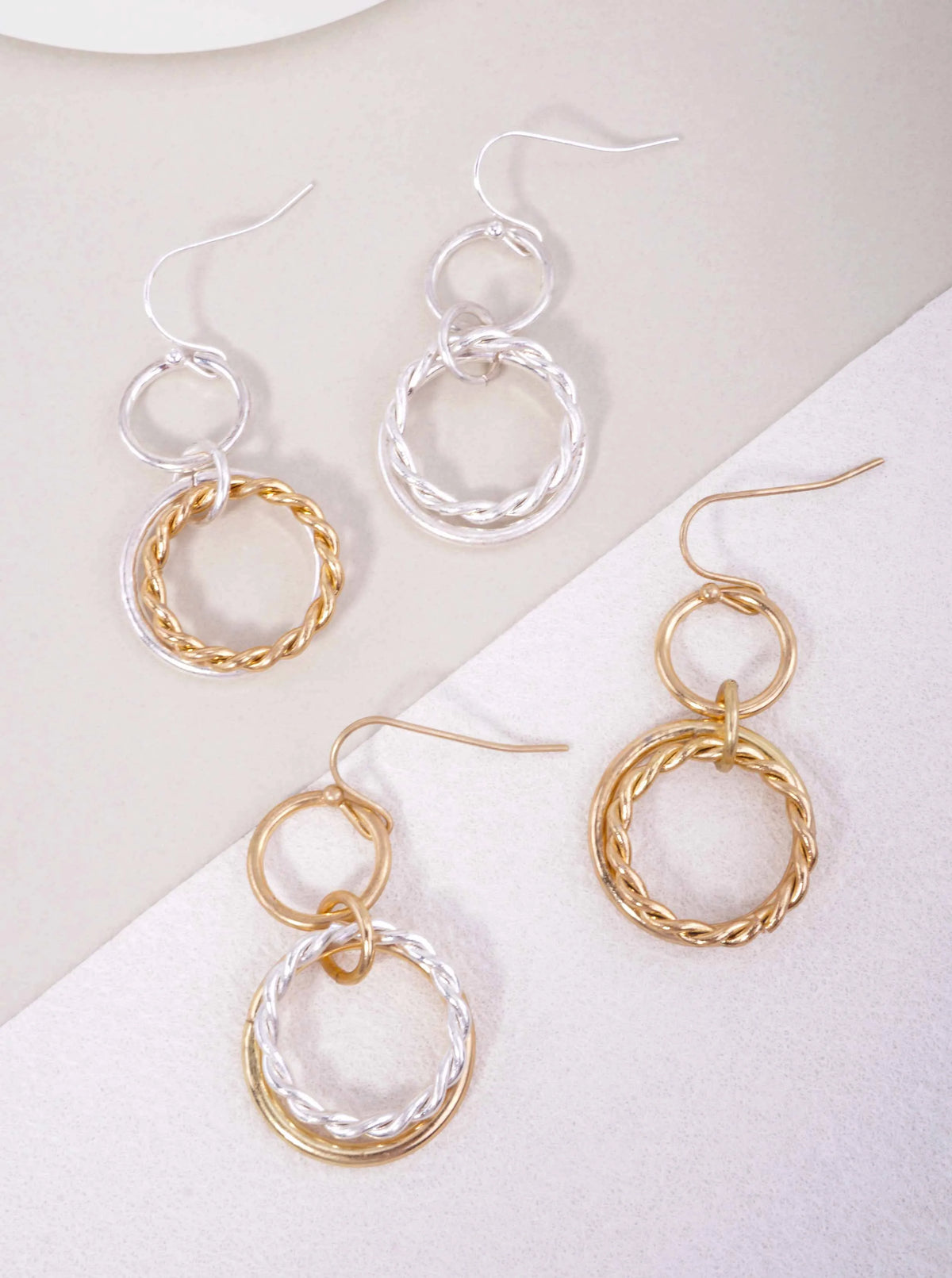 TWISTED TRIPLE CIRCLE WORN HOOK DROP EARRINGS