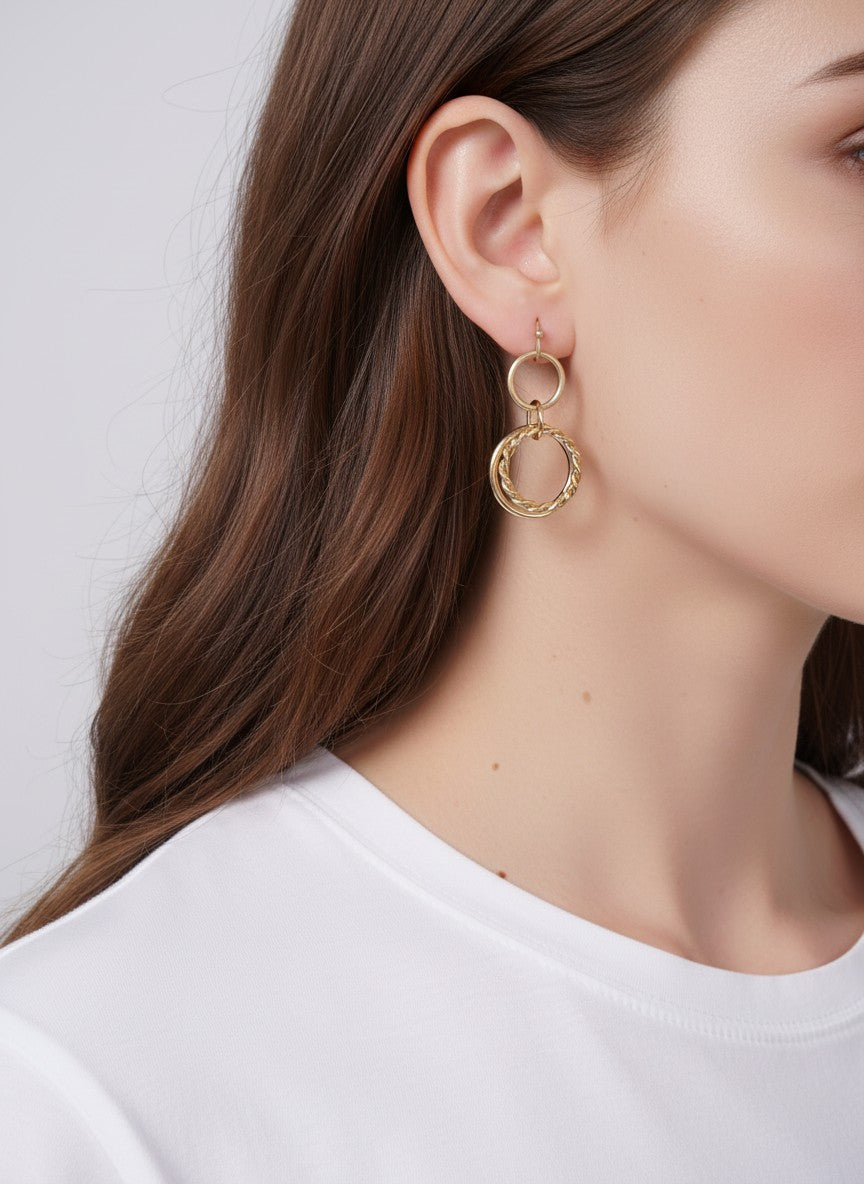 TWISTED TRIPLE CIRCLE WORN HOOK DROP EARRINGS