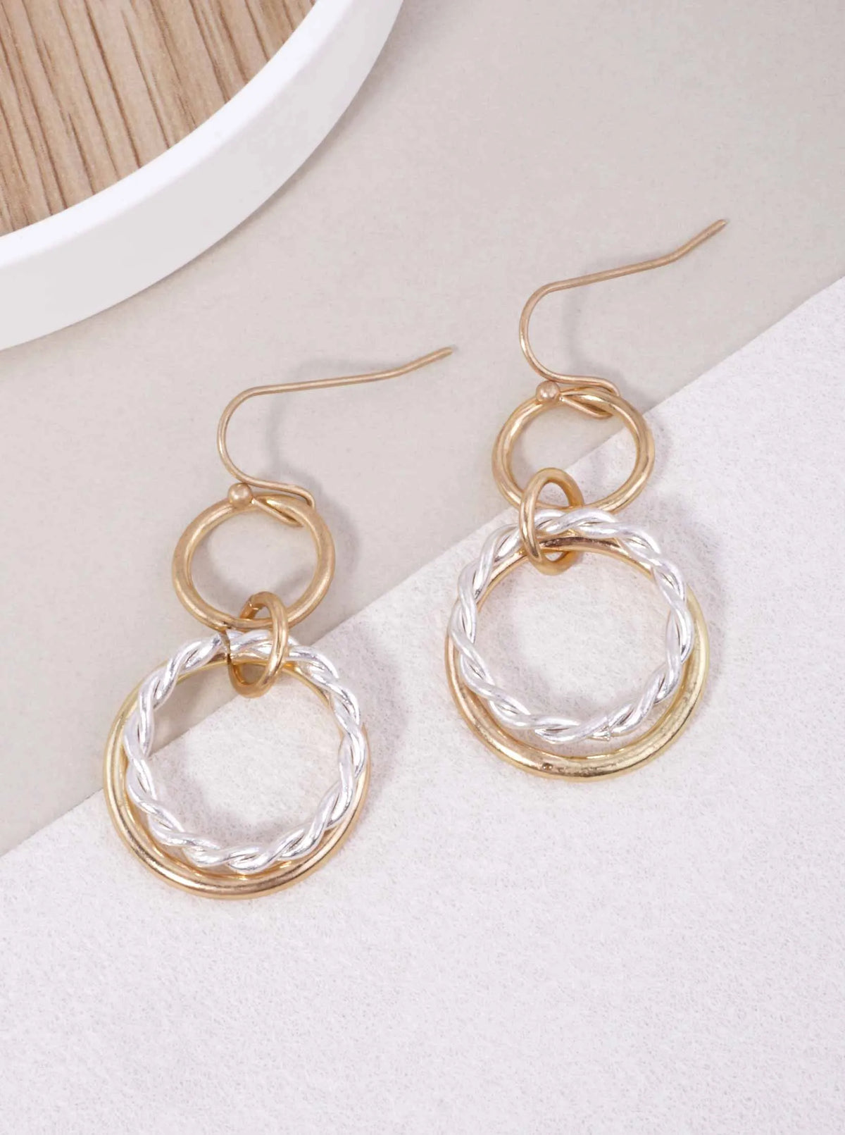 TWISTED TRIPLE CIRCLE WORN HOOK DROP EARRINGS
