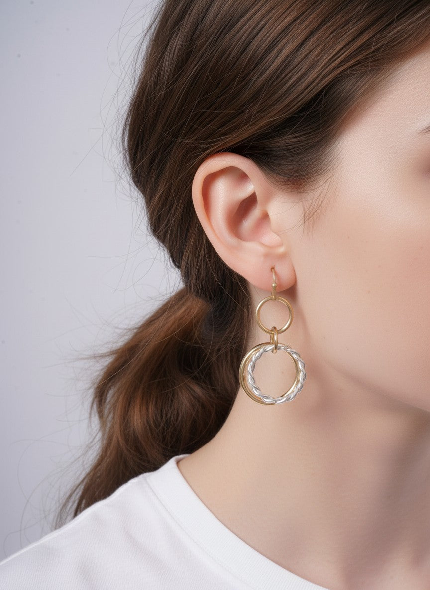 TWISTED TRIPLE CIRCLE WORN HOOK DROP EARRINGS
