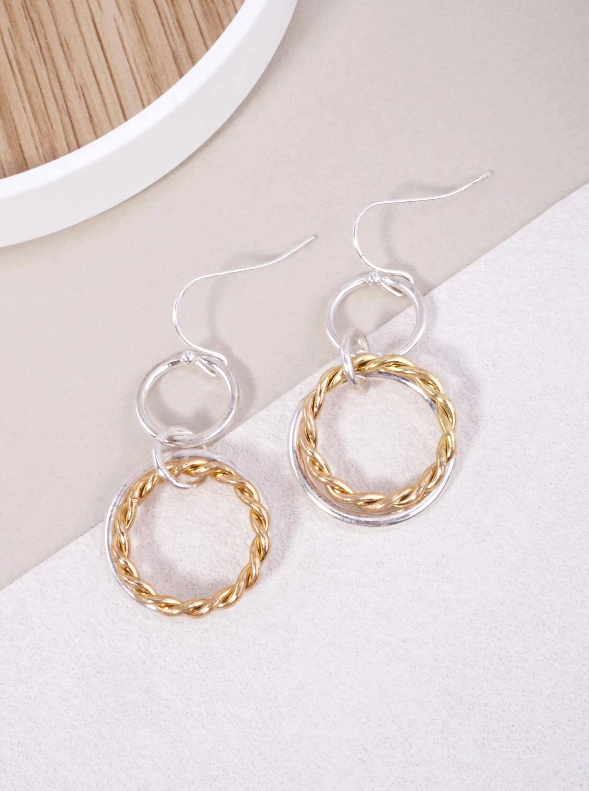 TWISTED TRIPLE CIRCLE WORN HOOK DROP EARRINGS