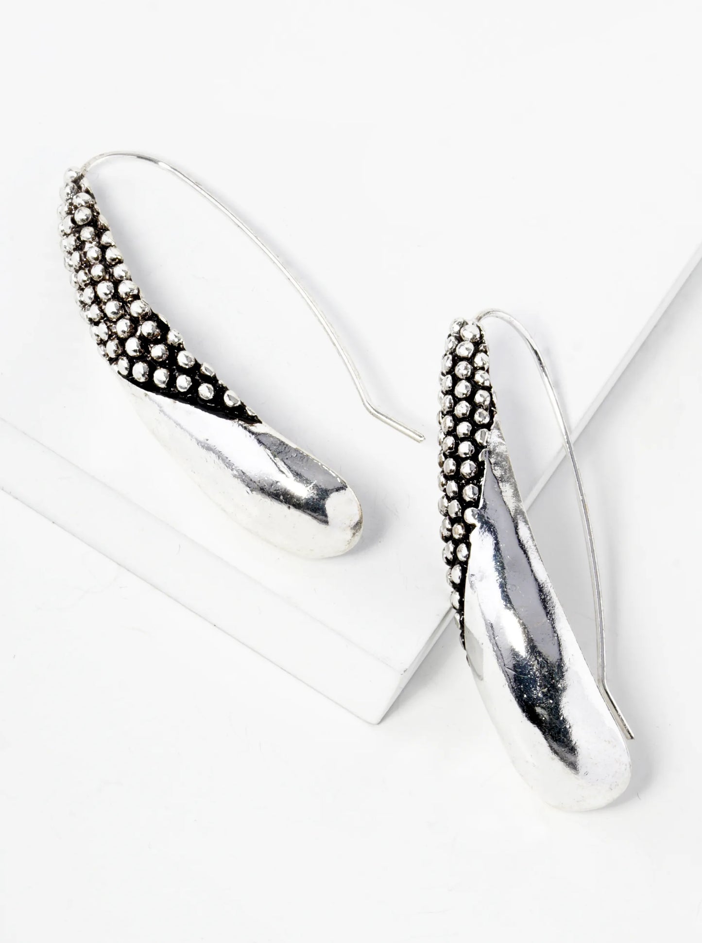 Tailored Ball Textured Teardrop Long Hook Earrings