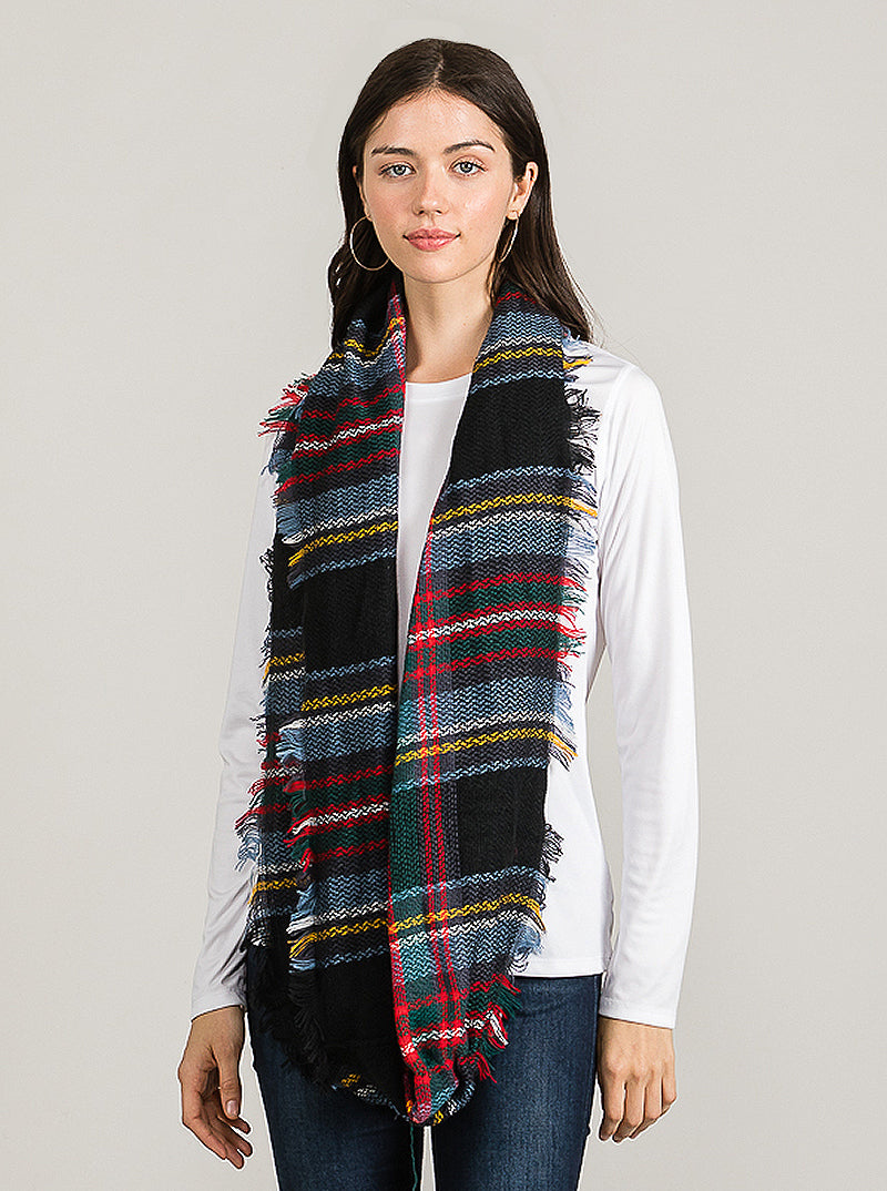 Tartan Plaid Double Loop Infinity Scarf With Fringe