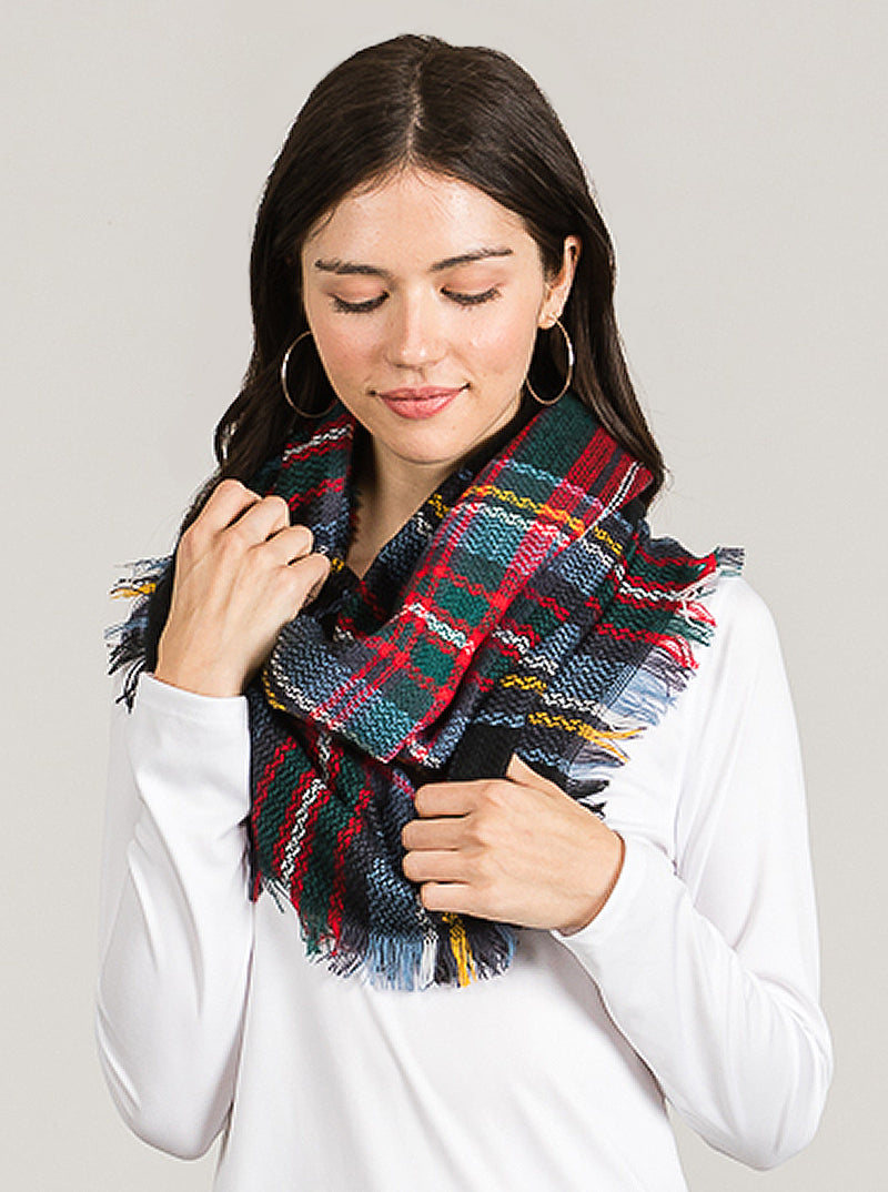 Tartan Plaid Double Loop Infinity Scarf With Fringe