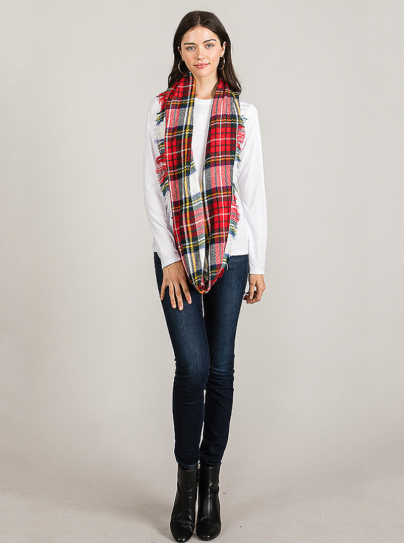 Tartan Plaid Double Loop Infinity Scarf With Fringe