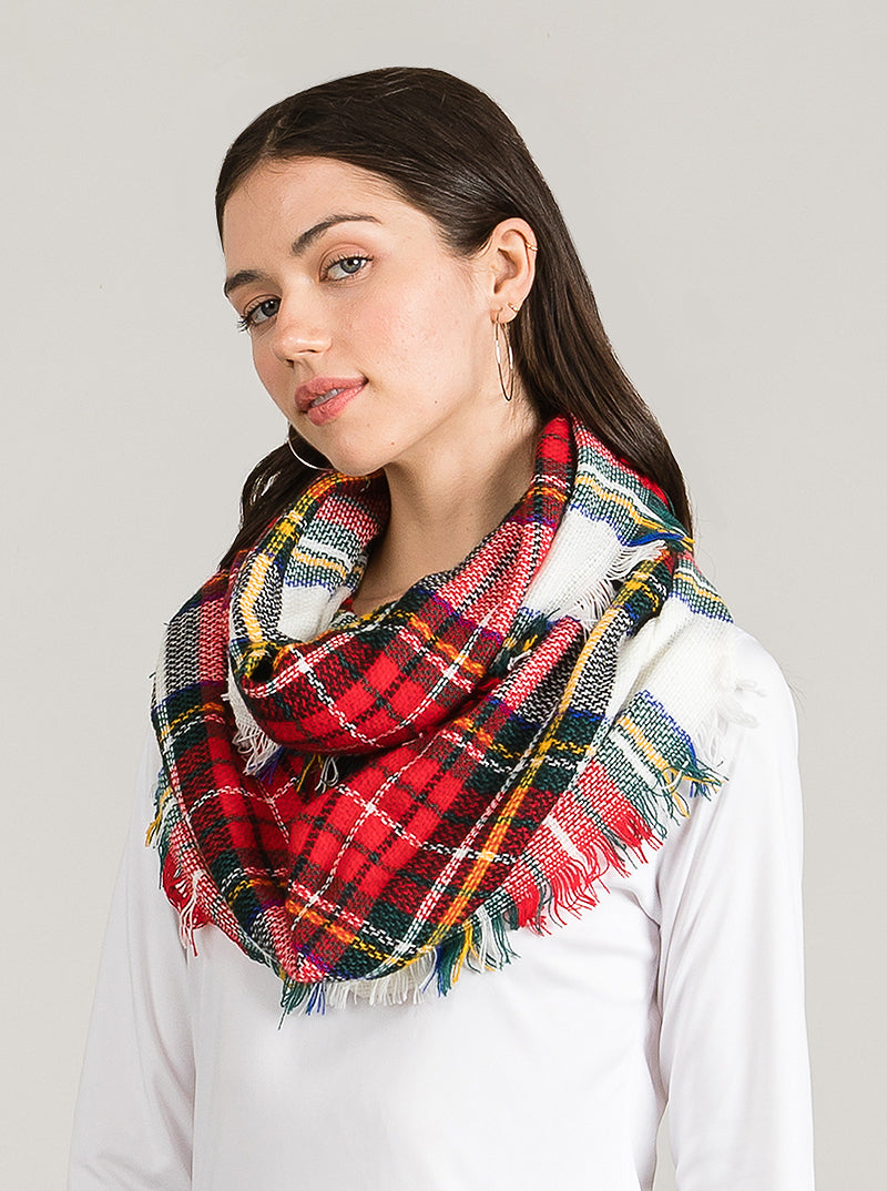 Tartan Plaid Double Loop Infinity Scarf With Fringe