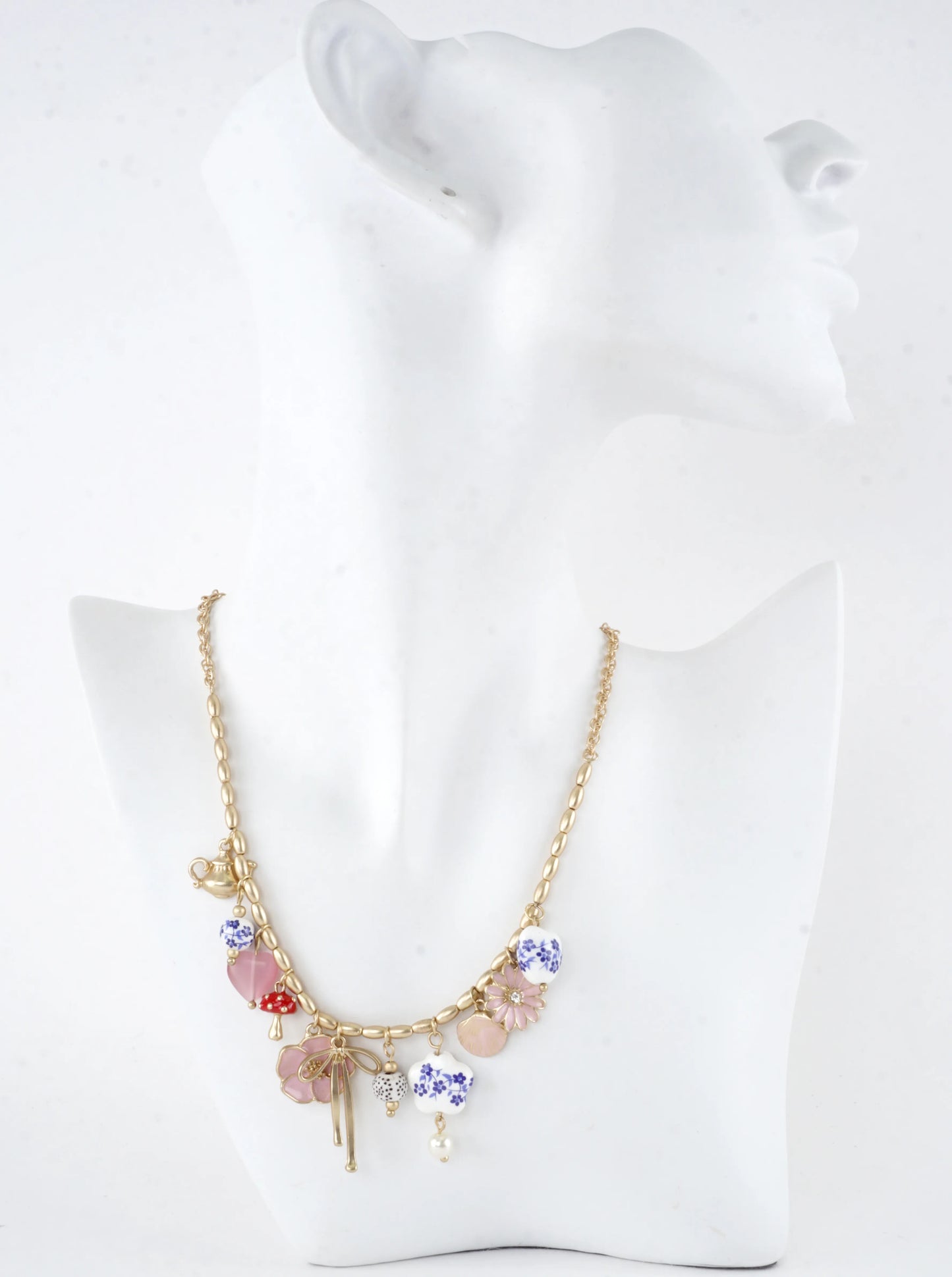 Tea Party Ribbon Ceramic Beads Charm Necklace