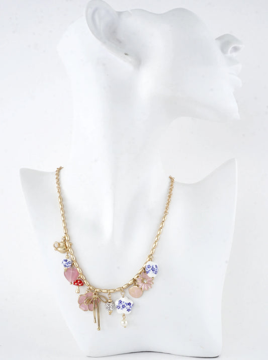 Tea Party Ribbon Ceramic Beads Charm Necklace