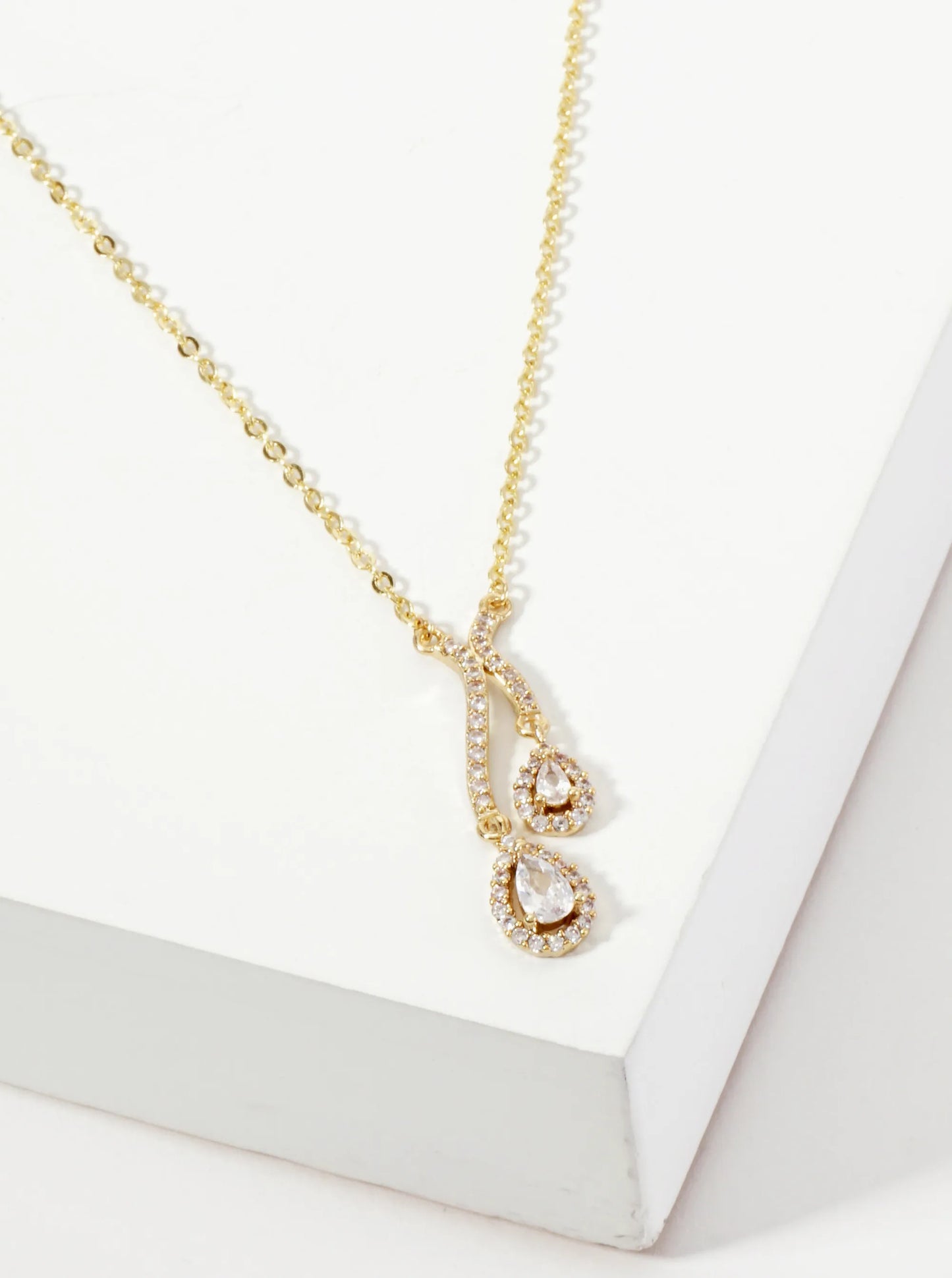 Teardrop CZ-Stones Pendant Hanging-from Pave-Set Curved-Design 18K-Gold-Dipped Necklace