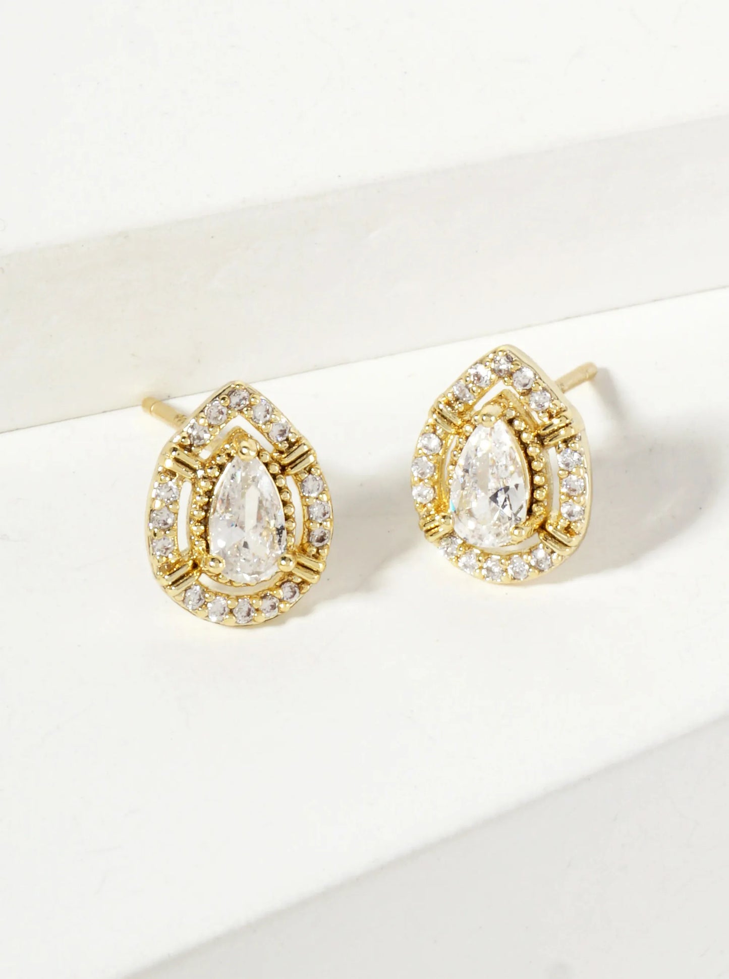 Teardrop Cubic-Zirconia Stone Embellishment 9mm 18K-Gold-Dipped Stud Earrings