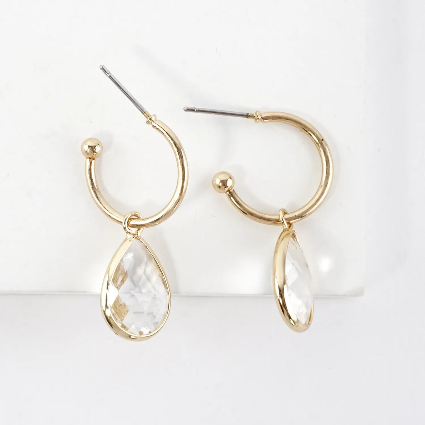 Teardrop Glass Stone Drop 12mm Open Huggie Hoop Earrings
