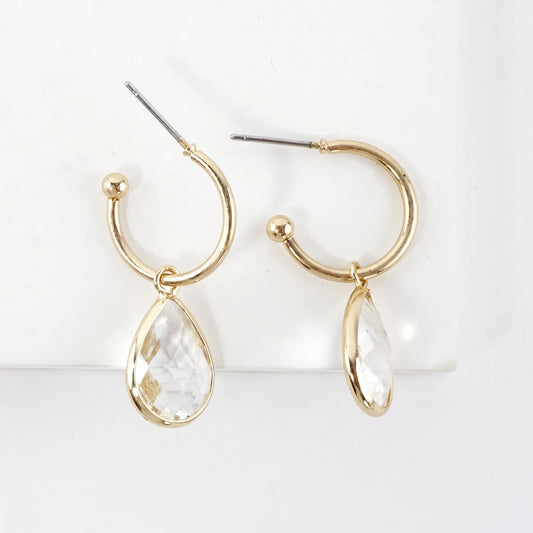 Teardrop Glass Stone Drop 12mm Open Huggie Hoop Earrings