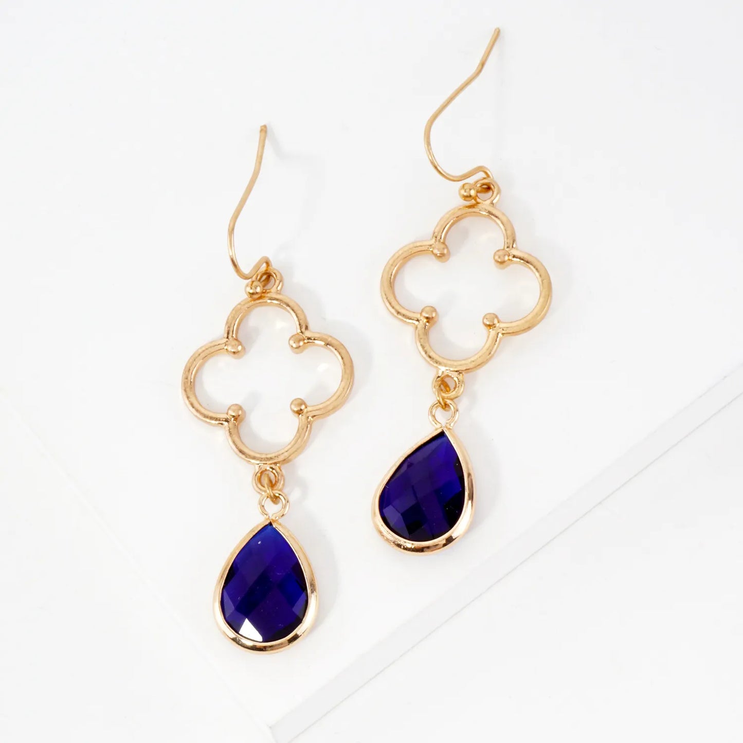 Teardrop Glass Stone Drop Quatrefoil Dangle Earrings
