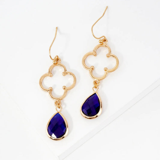 Teardrop Glass Stone Drop Quatrefoil Dangle Earrings