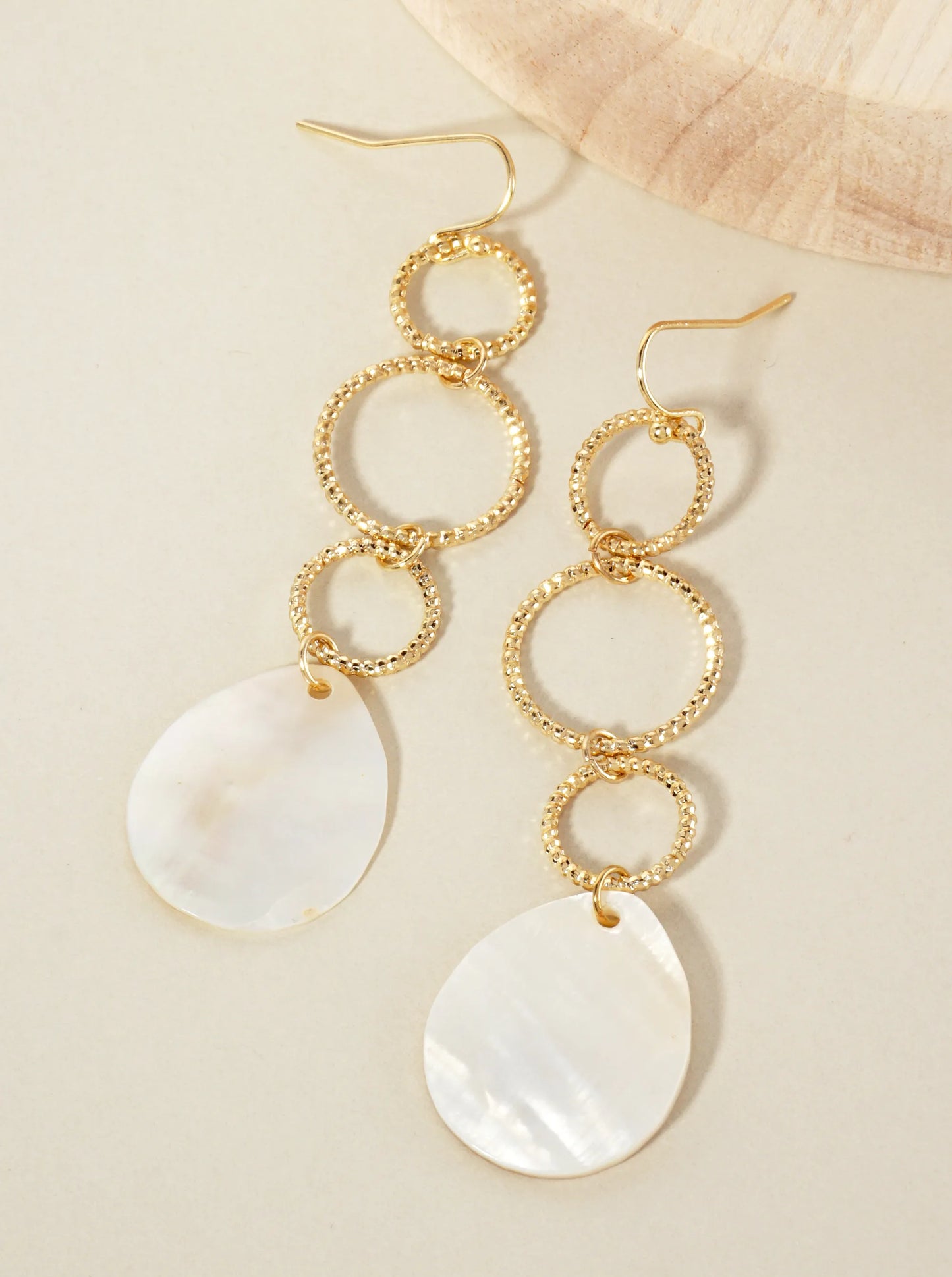 Teardrop Mother-of-Pearl Textured Three Circle Dangle Earrings