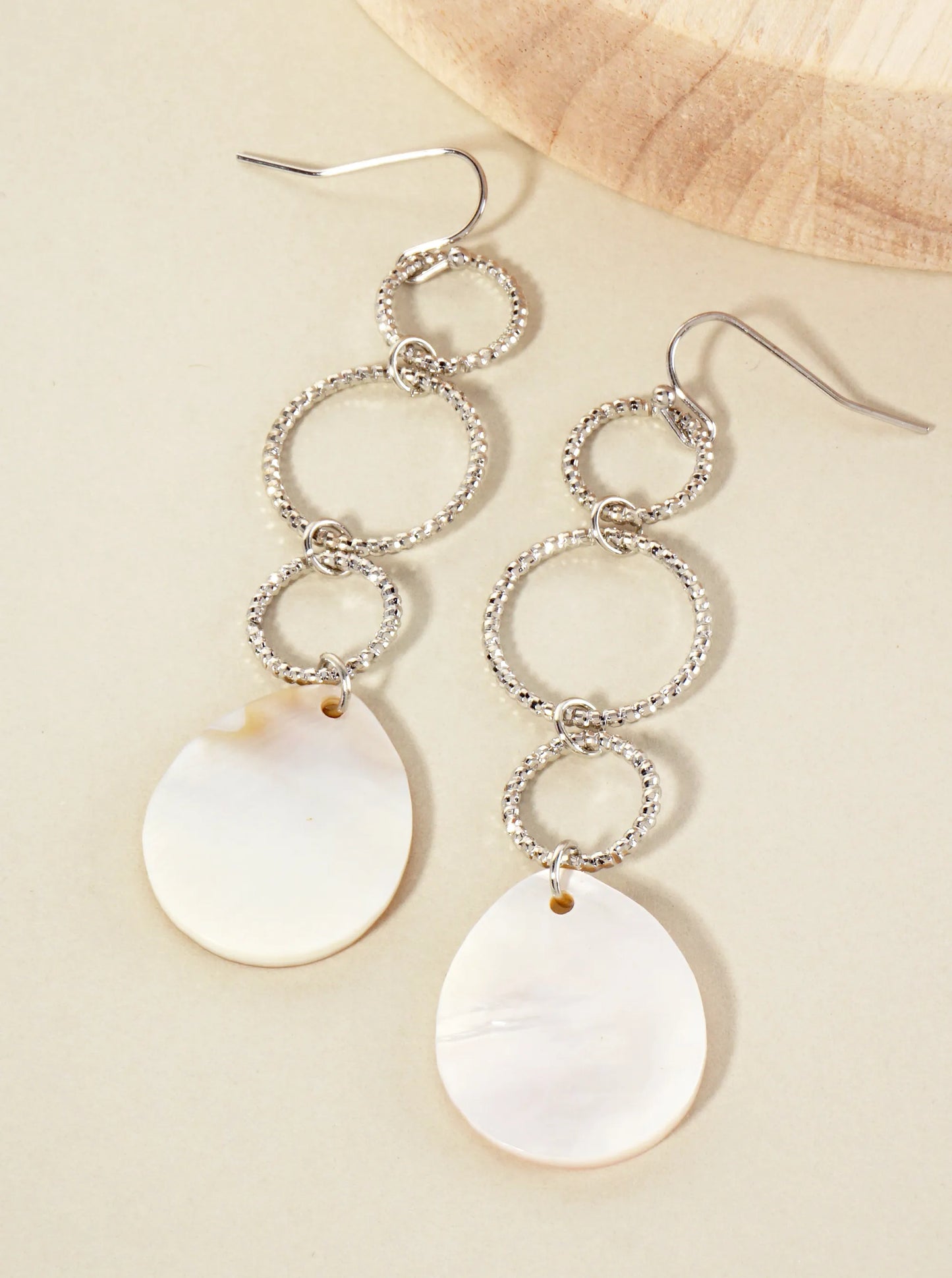 Teardrop Mother-of-Pearl Textured Three Circle Dangle Earrings