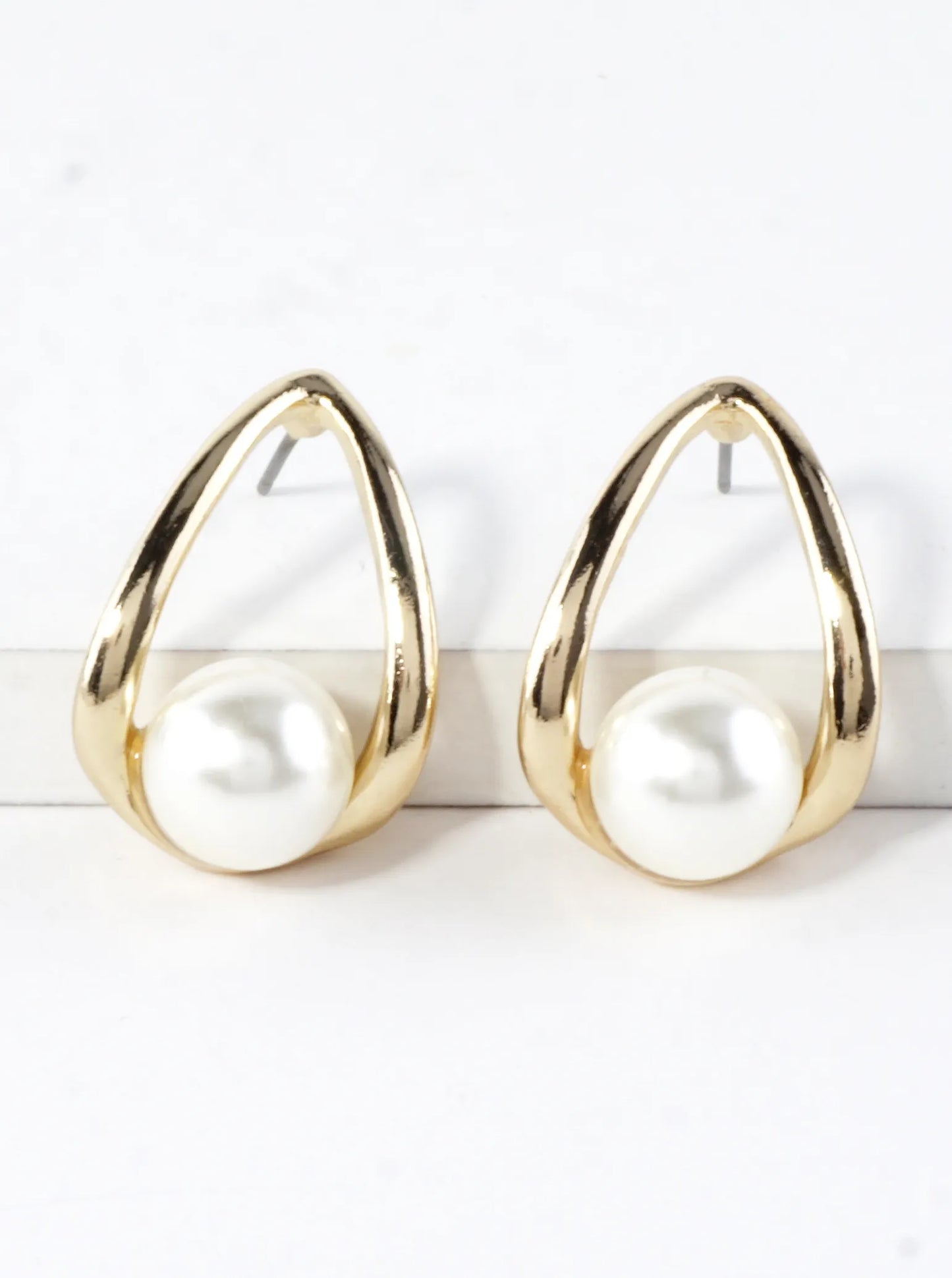 Teardrop Open Frame Stud Earrings Pearl Accent