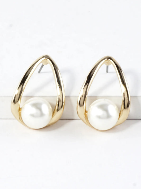 Teardrop Open Frame Stud Earrings Pearl Accent