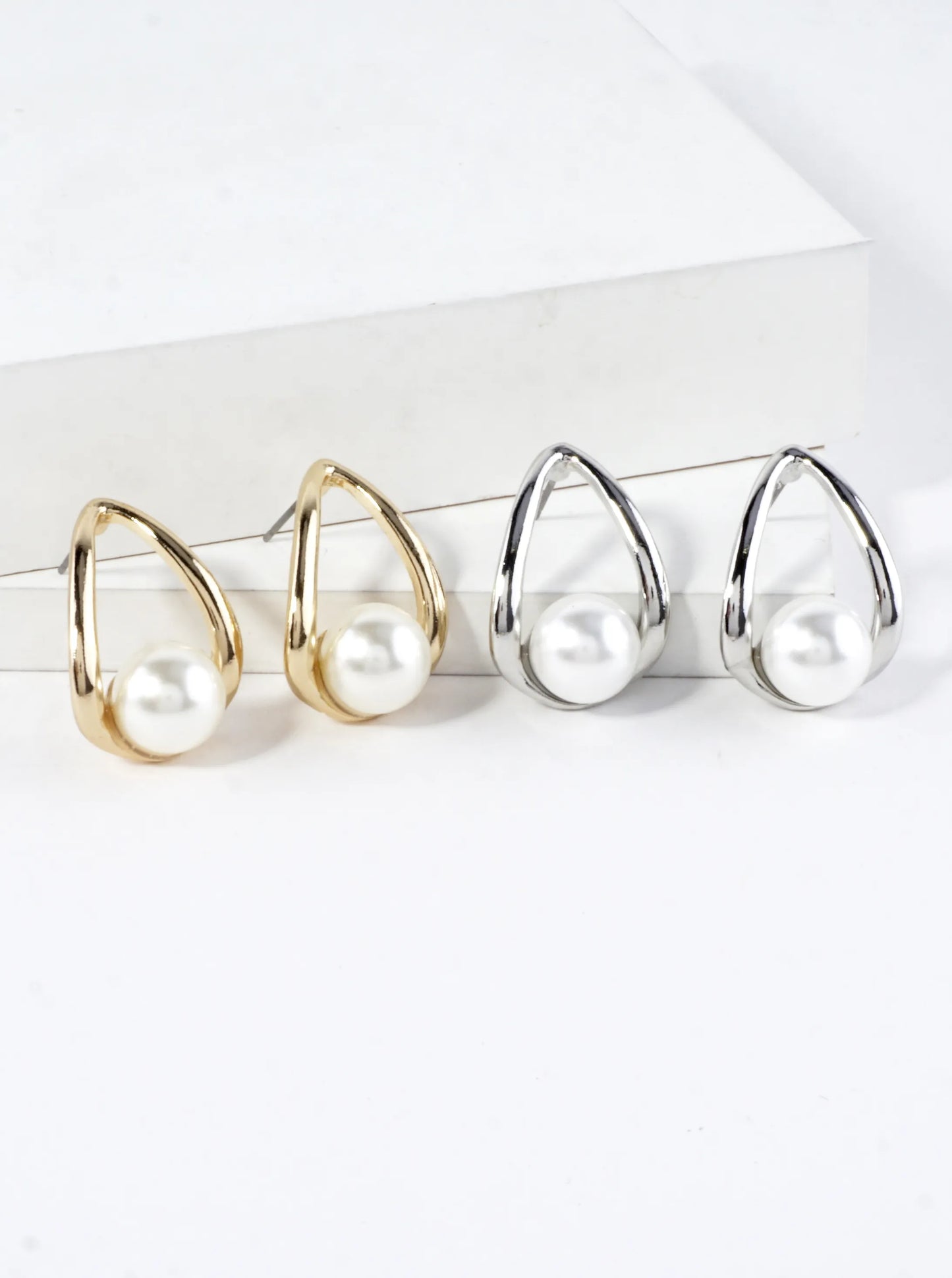 Teardrop Open Frame Stud Earrings Pearl Accent